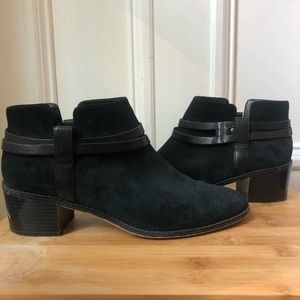 Clarks Sunset Black Belted Suede Booties